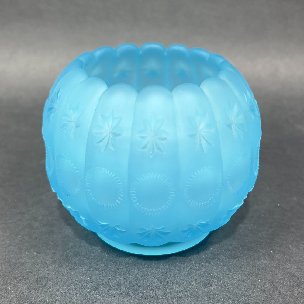 Vtg Fenton L G Wright Priscilla Rose Bowl Blue Satin Art Glass Scalloped Edge